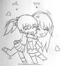 a drawing of two girls hugging each other with the words me and you above them