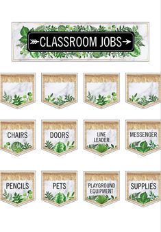 classroom jobs labels with plants and leaves on them