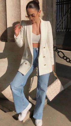 White Blazer Outfits, Zara Wide Leg Jeans, Blazer Outfits Casual, Blazer Outfits For Women, Ootd Inspo, Casual Day Outfits, Stylish Work Outfits