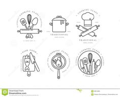 kitchen utensils and cooking tools line art icon set