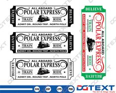 three tickets for the polar express train ride in red, white and green with black lettering