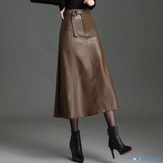 Orcajump - Black Leather Midi Skirt - Stylish and Versatile Half-Length Skirt with Umbrella Hem Black Leather Midi Skirt, Leather Skirt Midi, High Waisted Leather Skirt, Dancing Workout, Midi Skirt Casual, Black Leather Skirt, Leather Skirts, Striped Midi Skirt, Leather Midi Skirt