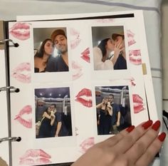 a person holding an open photo book with pictures of people kissing and lipstick on it