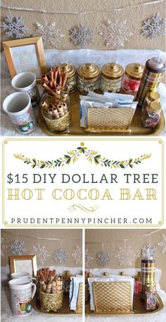 dollar tree hot cocoa bar is displayed on a table with other items and decorations around it