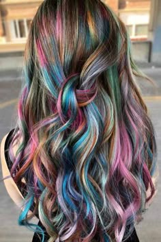 Popular Ways And Inspiring Ideas To Pull Off Temporary Hair Color ★ Oil Slick Hair Color Light Brown, Rainbow Hair Color Ideas For Brunettes, Brown Hair With Rainbow Highlights, Summer Hair Color Ideas 2024, Subtle Rainbow Hair, Peekaboo Rainbow Hair, Summer Hair Dye Ideas, Rainbow Hair Highlights, Khloe Hair