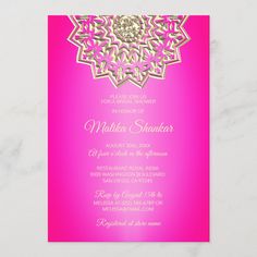 Indian Mandala Hot Pink Gold Bridal Shower Invitation Size: 5" x 7". Gender: unisex. Age Group: adult. Material: Matte. Gold Bridal Party, Pink Fushia, Kate Spade Bridal, Bridal Shower Card, Bridal Shower Decorations Diy, Disney Bridal Showers, Indian Mandala, Bridal Invitations, Bridal Shower Outfit