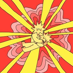 a drawing of a cat laying on its back in the middle of yellow and red rays