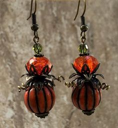 Pumpkin Earrings | Fall Earrings | Autumn Earrings | Harvest Earrings | Orange Earrings | Antique Br Handmade Vintage Halloween Earrings, Vintage Handmade Halloween Earrings, Bohemian Halloween Earrings As Gift, Bohemian Earrings For Halloween Gift, Bohemian Halloween Gift Earrings, Vintage Halloween Earrings As Gift, Vintage Earrings For Halloween Gift, Autumn Earrings, Pumpkin Bead