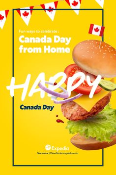 a happy canada day poster with a hamburger and fries on it's buns