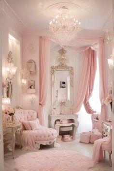 a room with pink furniture and chandelier