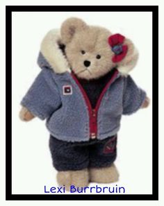 a teddy bear wearing a blue jacket and pants with a red flower in its ear