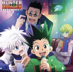 the poster for hunter hunter, featuring two young boys and an older man with green hair