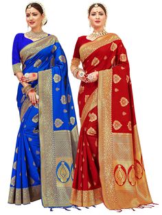 PRICES MAY VARY. Saree 1 Colour :- Blue|| Saree 2 Colour :- Red Saree Fabric:- Banarasi Art Silk | Blouse Fabric :- Banarasi Art Silk Saree Length :- *5.5 Meter* , Blouse Length :- *0.8 Meter* Saree Work :- Woven , Blouse Work :- Woven Saree Comes with Unstitched Blouse piece, which is attached with end of the saree only. Buyer have to cut blouse part from the saree. Stitching service will not be available. There might be color variation due to screen resolution and digital photography The Desig Saree Indian Wedding, Cut Blouse, Ethnic Wedding, Sarees For Women, Desi Clothes, Black Saree, Blue Saree, Ethnic Outfits, Art Silk Sarees