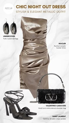 Shine bright on your night out with this chic metallic dress outfit. Featuring a stunning Mugler dress that exudes elegance, paired with sleek Saint Laurent sandals. Complete the look with a stylish Valentino Garavani bag and bold Undercover earrings. Perfect for making a statement, this outfit ensures you’re the center of attention. Shop now to elevate your night out wardrobe with this glamorous metallic ensemble! Embroidered Shoulder Bag, Christmas Party Outfit, Metal Clothing, Bustier Dress, Women Wedding Guest Dresses, Metallic Dress