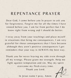 a poem written in black and white with the words repentance prayer on it