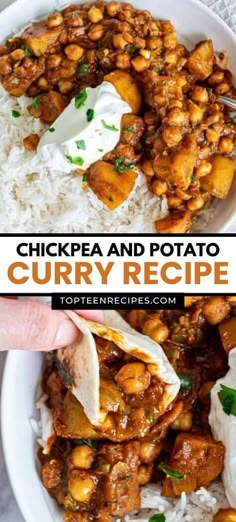 chickpea and potato curry recipe in a white bowl with rice on the side