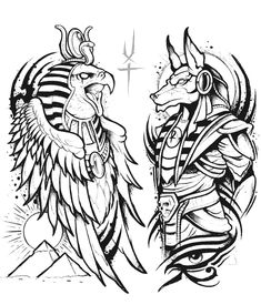 two black and white drawings of an eagle and demon