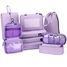 PRICES MAY VARY. Complete Luggage Packing Organizers:The set includes a versatile of packing cubes to meets various travel needs. With four compression cubes of different sizes: 1 extra large cube(13 "x17.71") ,1large cube(13" x 14.96"), 1 medium cube(9.84 "x13.78"), 1 small cube( 7.87" x 11.02"), 1 shoes bag (10.2" x 17"), 1 drawstring bag (13.5" x 18"), 1 toiletry bag (unfolded size 8.26" x 12.6" x 3.54"), 1 underwear bag (10.82" x 5.51" x 4.33"). Unleash the power of 8 versatile cubes for a m Purple Rectangular Travel Accessories, Luggage Packing, Suitcase Organization, Travel Cubes, Packing Luggage, Packing Organizers, Organized Packing, Luggage Suitcase, Bag For Travel