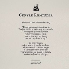 a poem written in black ink on white paper with an image of a ship and the words gentle reminder