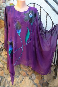 Bohemian Silk Tunic With Printed Motifs, Shaded Dress, Multicolor Silk Printed Tunic, Spring Bohemian Hand Painted Silk Scarf, Summer Tunic, Artistic Hand-dyed Silk Scarf For Summer, Morning Dress, Luxury Artistic Hand-painted Silk Scarf, Loose Tunic