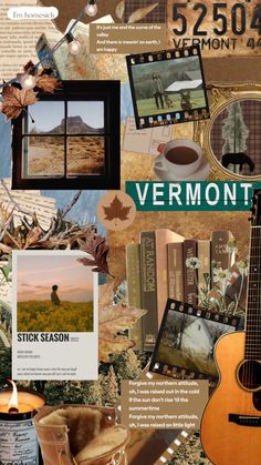 a collage of various items including a guitar, book and candle with the words vermont written on it