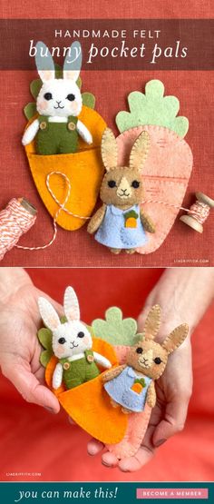 two stuffed animals are in the shape of carrots and one bunny is holding a carrot