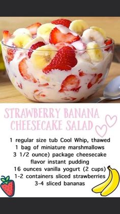 the recipe for strawberry banana cheesecake salad is displayed on an instagram page, with information about how to make it