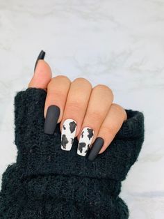 Easy Nail Designs Cow Print, Different Color Cow Print Nails, Black Nails Cow Print, Black And White Cow Print Acrylic Nails, Cow Print Press On Nails, Fake Nails White, Cow Nails, Nail Swag