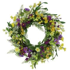 a wreath with purple, yellow and green flowers