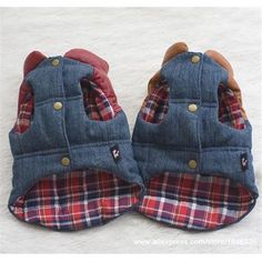 a pair of blue and red plaid dog clothes