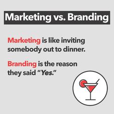 a poster with the words marketing vs branding on it and an image of a martini glass