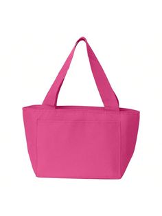 a pink tote bag is shown on a white background with the handles folded down