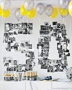 a table with balloons and pictures on the wall in front of it that says celebration lolsam