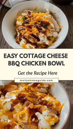 two plates with different types of food on them and the title says easy cottage cheese bbq chicken bowl get the recipe here