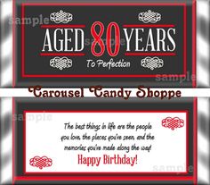 happy 80th birthday candy bar wrapper with the words, age 80 years to perfection