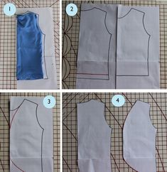 four pictures showing how to sew the top and bottom part of a dress with buttons