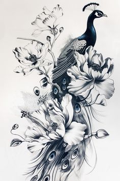 a black and white drawing of a peacock surrounded by flowers