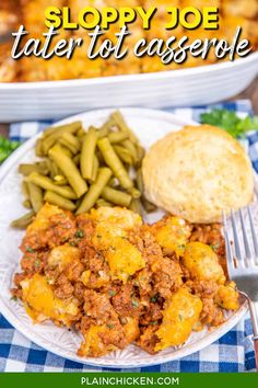 sloppy joe tater tot casserole on a plate with green beans and potatoes