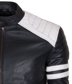 Men's Black and White Motorcycle Leather Jacket Men's black quilted white stripes and padded shoulders biker jacket. 100% real cowhide leather chaqueta professionally made to order. Best suited for motocross rider and stunning gift for motorcycle enthusiasts. Buttoned belt collar and zipper pockets. Find awesome leather jackets at AlexGear Outfit Type: Biker Jacket / Motorcycle Jacket Material: Outer: Genuine Leather Inner: Viscose Color: Black Collar Style: Stand Zipper: YKK Size: Refer Size-Ch White Fitted Biker Jacket, Fitted White Biker Jacket, Fitted White Biker Jacket For Motorcycling, White Fitted Biker Jacket For Motorcycling, White Fitted Biker Jacket For Biker Events, Fitted White Biker Leather Jacket, White Fitted Biker Leather Jacket, White Fitted Moto Biker Jacket, White Leather Biker Jacket