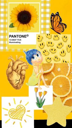 a collage of pictures with sunflowers, orange slices and butterflies