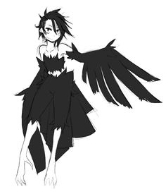 a black and white drawing of an anime character with large, long wings on her body