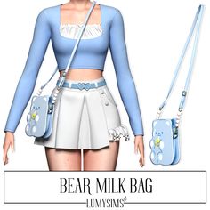 a woman wearing a blue top and white skirt holding a purse with the words bear milk bag on it