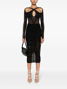 Mugler Layered cut-out Bodysuit - Farfetch Mugler Bodysuit, Mesh Midi Skirt, Layered Cut, Black Layers, Cutout Bodysuit, Versace Outfit, Yoko London, Bodysuit Black, Mesh Bodysuit