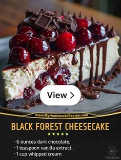 a black forest cheesecake with cherries on top