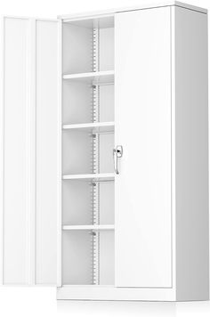 an empty white cabinet with shelves and doors