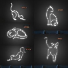 four different types of neon cats on a black background, with text below the image