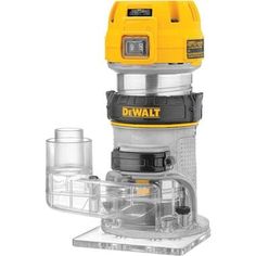 a yellow and black dewt vacuum is shown with its lid open to show the attachments