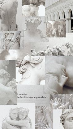 a collage of images with statues and words