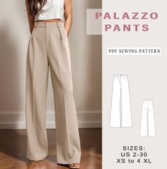 Digital sewing pattern for palazzo pants ✔️ US Sizes: 2, 4, 6, 8, 10, 12, 14, 16, 18, 20, 22, 24, 26, 28, 30 ✔️ Standard sizes: XS, S, M, L, XL, 2XL, 3XL, 4XL/5XL ✔️These templates are suitable for A4, A0 and US Letter size paper. When you purchase this pattern, you will receive a digital (pdf) sewing pattern and instructions. Once your payment processes, you will automatically receive a download links of pattern files. If you have any problem accessing the files, please don't hesitate to contac Ladies Pants Design, Pattern Pants Women, Sewing Patterns Trousers, Palazzo Pants Sewing Pattern, Pants Pattern Sewing, Dress Pants Pattern, Pattern Palazzo Pants, Sewing Pattern Pants, Women Sewing Patterns