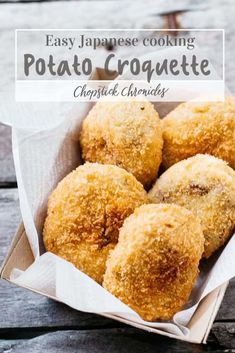 easy japanese cooking potato croquette recipe in a basket with text overlay